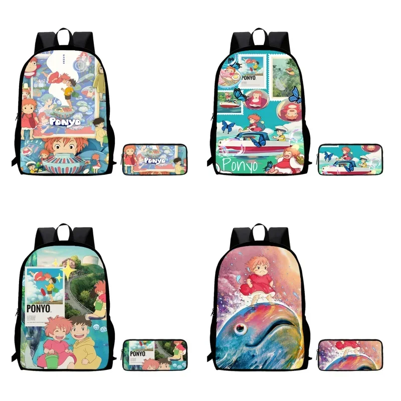 2Pcs Set Anime Ponyo Child Backpack With Pencil Bags,School Bags Pencil Bags for Boys Girls,Durable Kids Bags for Kindergarten