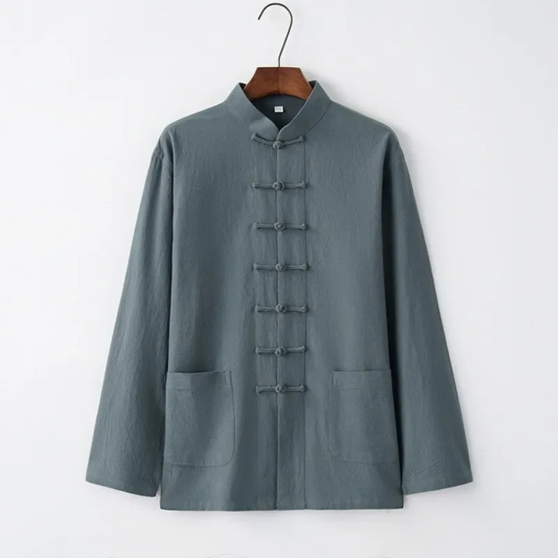 

Мужская рубашка в традиционном китайском стиле с воротником-стойкой и пуговицами из хлопка и льна с длинными рукавами, повседневная одежда в стиле дзен, костюм Тан, топ кунг-фу