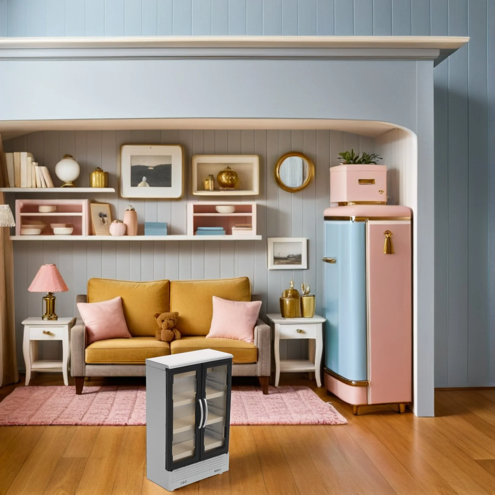 2-teilige Mini-Kühlschrank-Ornamente, Kühlschrank, Puppenhaus, Doppeltür, Kunststoffmöbel