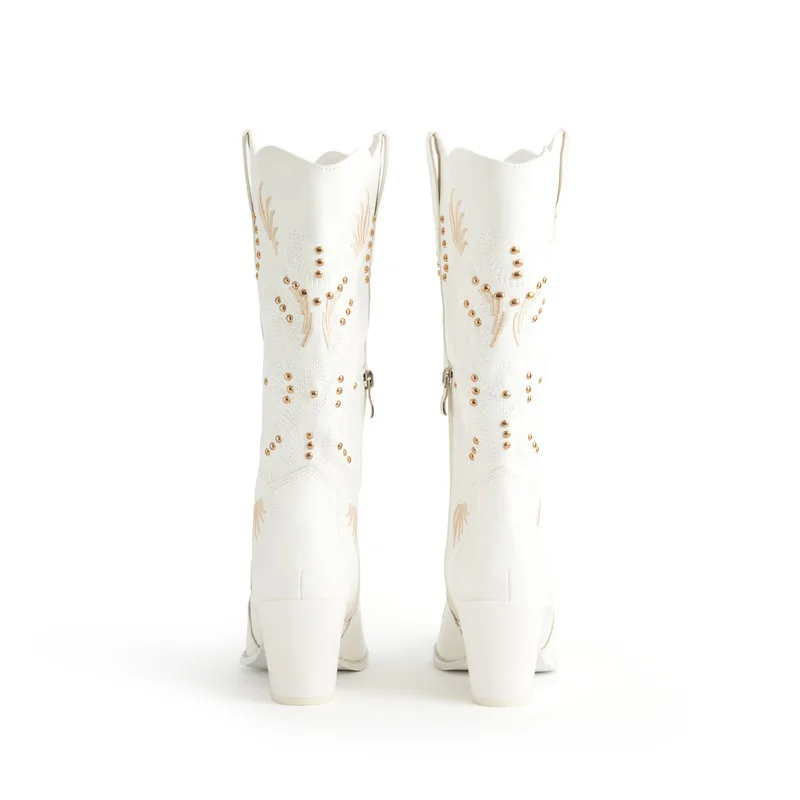 Autumn and Winter New Fashionable High Heels White Rivet Embroidered Totem Mid Barrel Knight Western Cowboy Boots