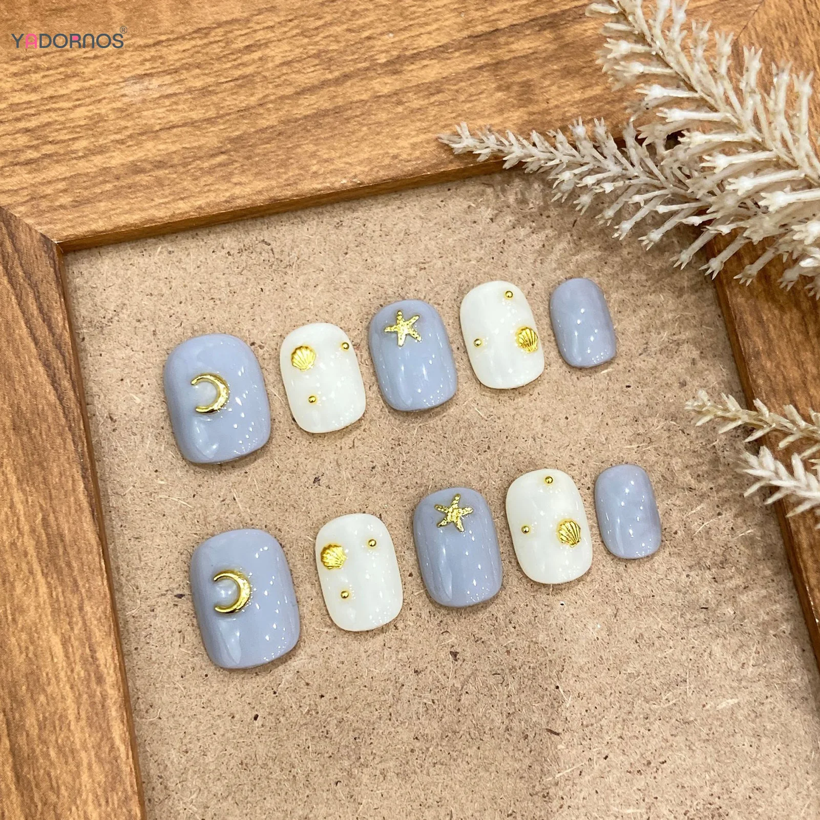 10 Stück weiß blau handgemachte Presse auf Nägeln kurze quadratische künstliche Nägel Stern Mond Designs tragbare Maniküre Nägel Tipps für Frauen Mädchen