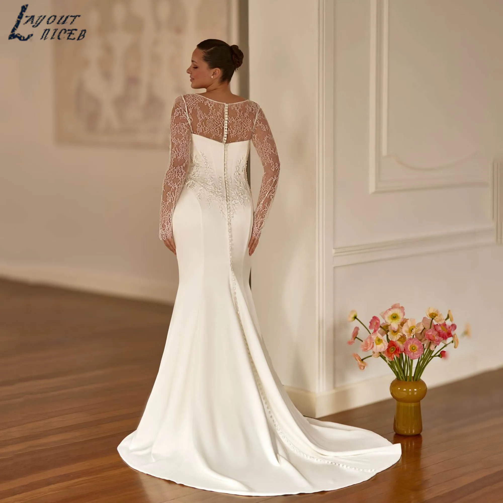 

Large Size Minimalist Wedding Dress With Detachable Long Sleeve Mermaid Bridal Gown Satin Appliques vestidos de novia Customized