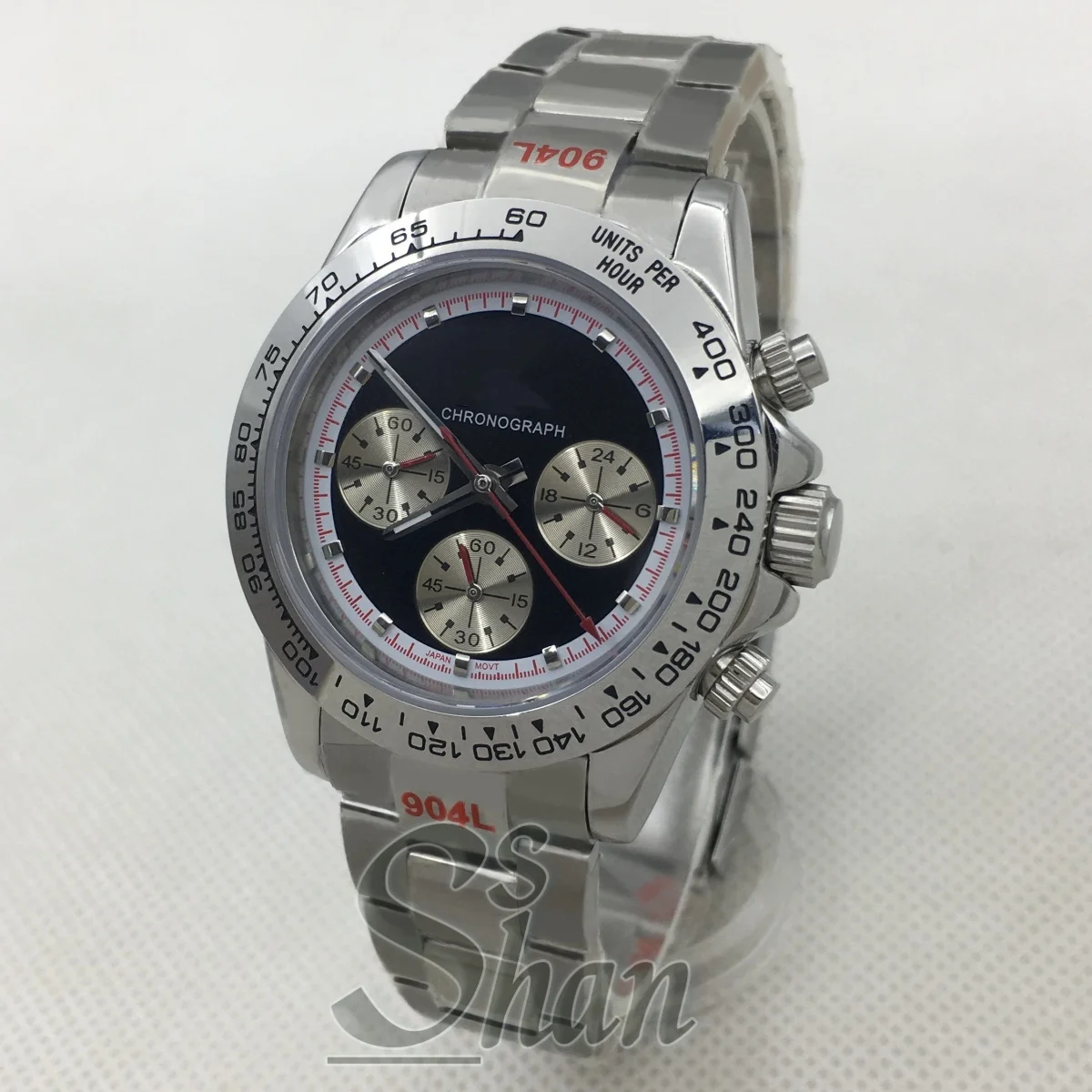 Jam Tangan Chronograph Pria Kuarsa 39Mm Kristal Safir VK63 Gerakan Tali Baja Tahan Karat Bezel Hitam Abu-abu dengan Pemolesan Tengah