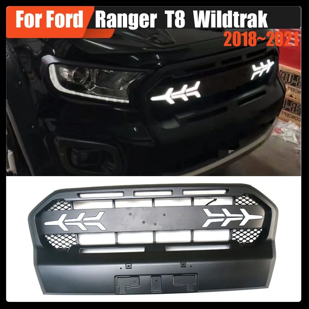 

For Ford Ranger T8 Wildtrak 2018~2021 Auto Parts Mesh Grills Car Hood Grille ABS With LED Light Bumper Grills Cover
