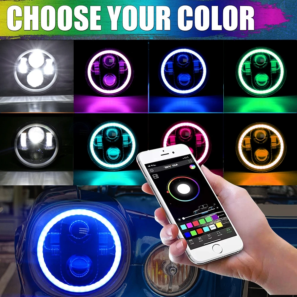 1Pcs 5.75 Inch Round LED Headlights RGB Motorcycle Halo Ring Angel Eye Driving Light with APP Control for Harley Davidson