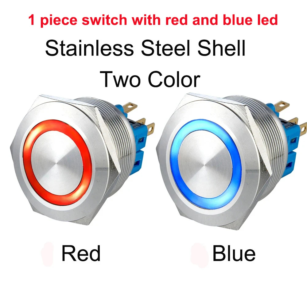 22mm 25mm Dual Color 3V 6V 12V 24V RED/Blue Ring LED 1NO1NC Reset Momentary Anti-Vandal Electric Car Push Button Switch