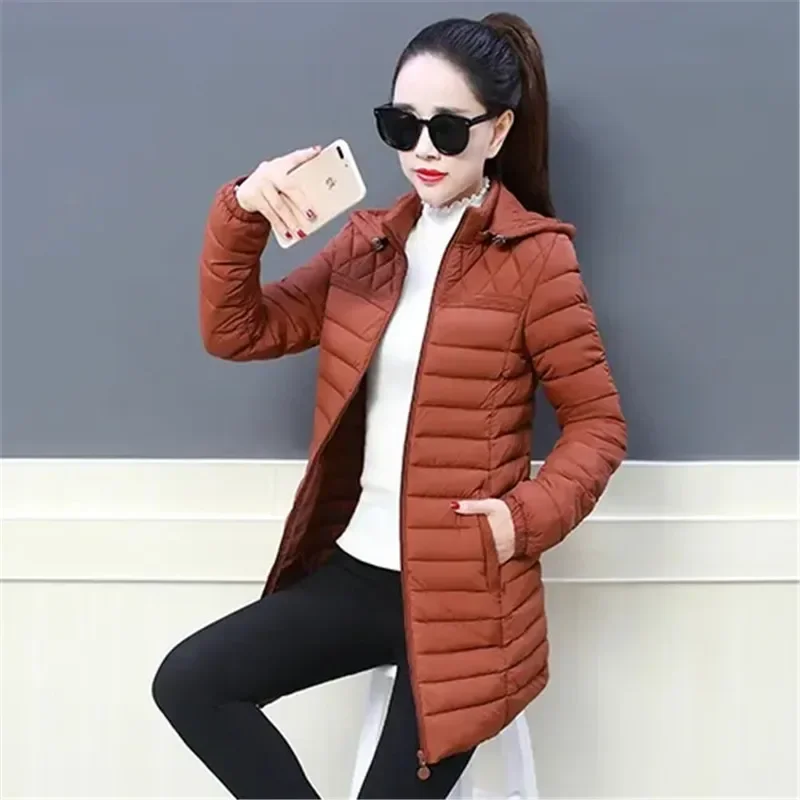 

Women Thin Warm Down Cotton-Padded Jacket 2023 New Korean Mid-Length Coat Ladies Detachable Hooded Outerwear Slim Overcoat