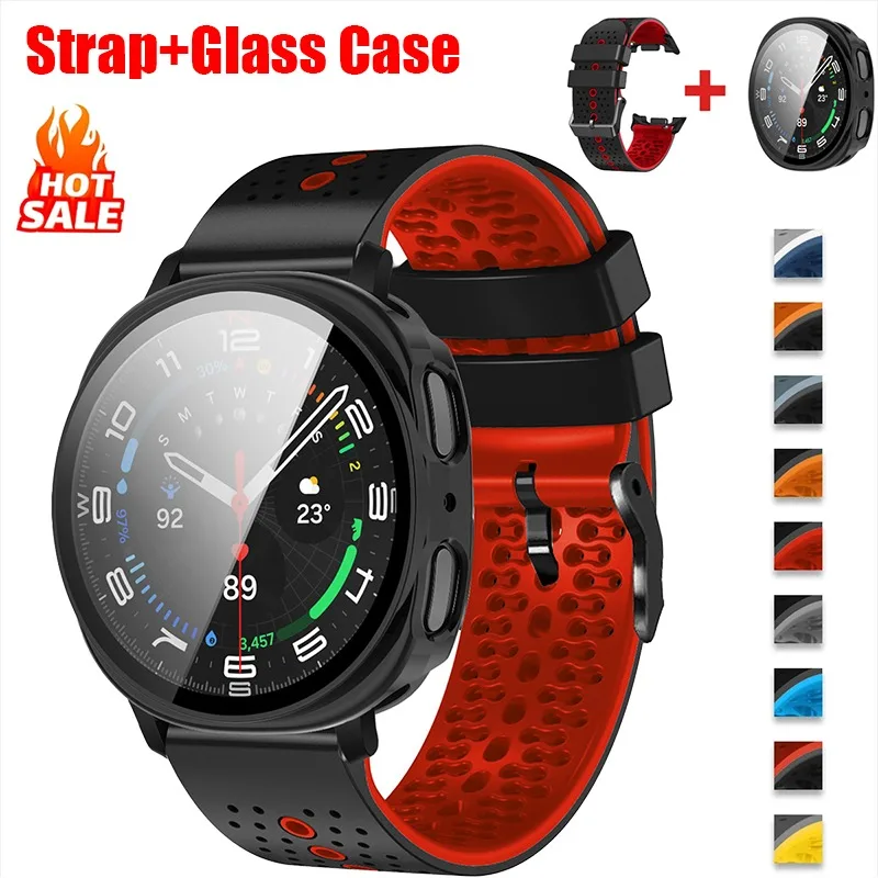 Armband + Glasgehäuse für Samsung Galaxy Watch 8 40 44 mm, zweifarbiges Silikonband, PC-Gehäuse, gehärteter Film für Galaxy Watch 8 Smartwatch