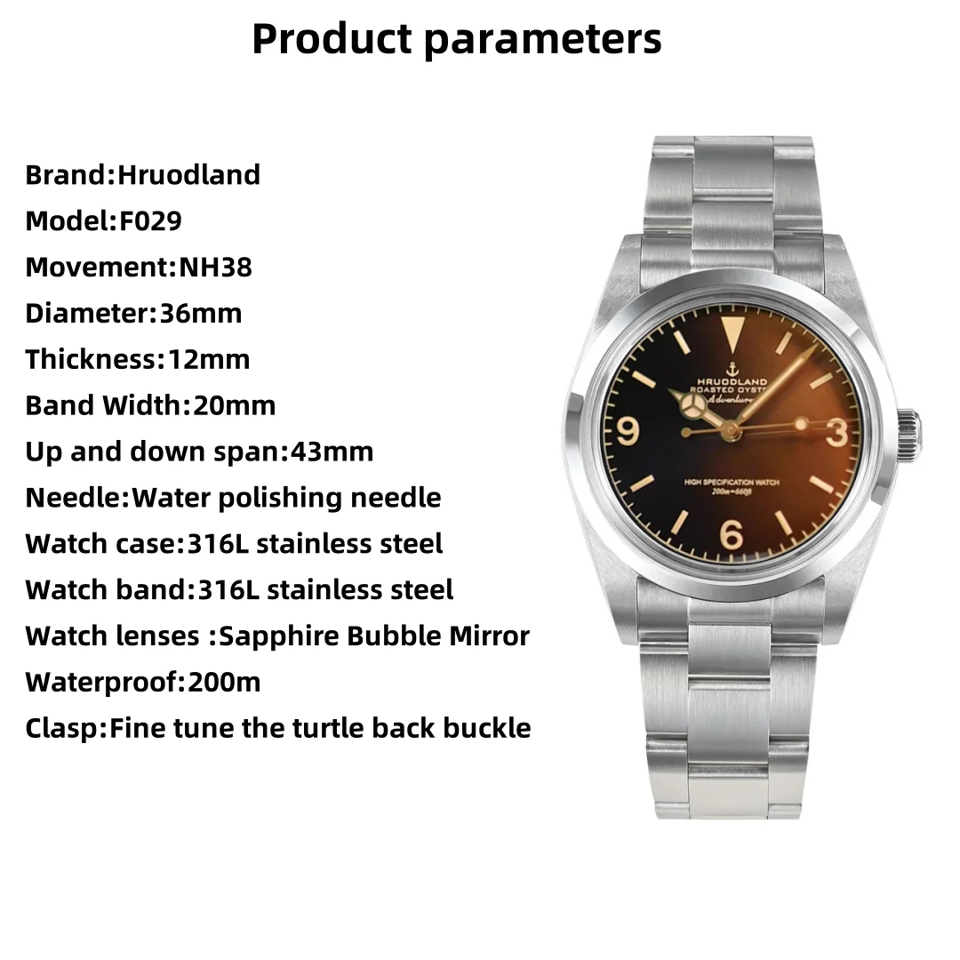 2025 ใหม่ Hruodland 36 มม.Retro Luxury นาฬิกาผู้ชายอัตโนมัติ F029 NH38 Sapphire กระจกสแตนเลสนาฬิกาดําน้ํา