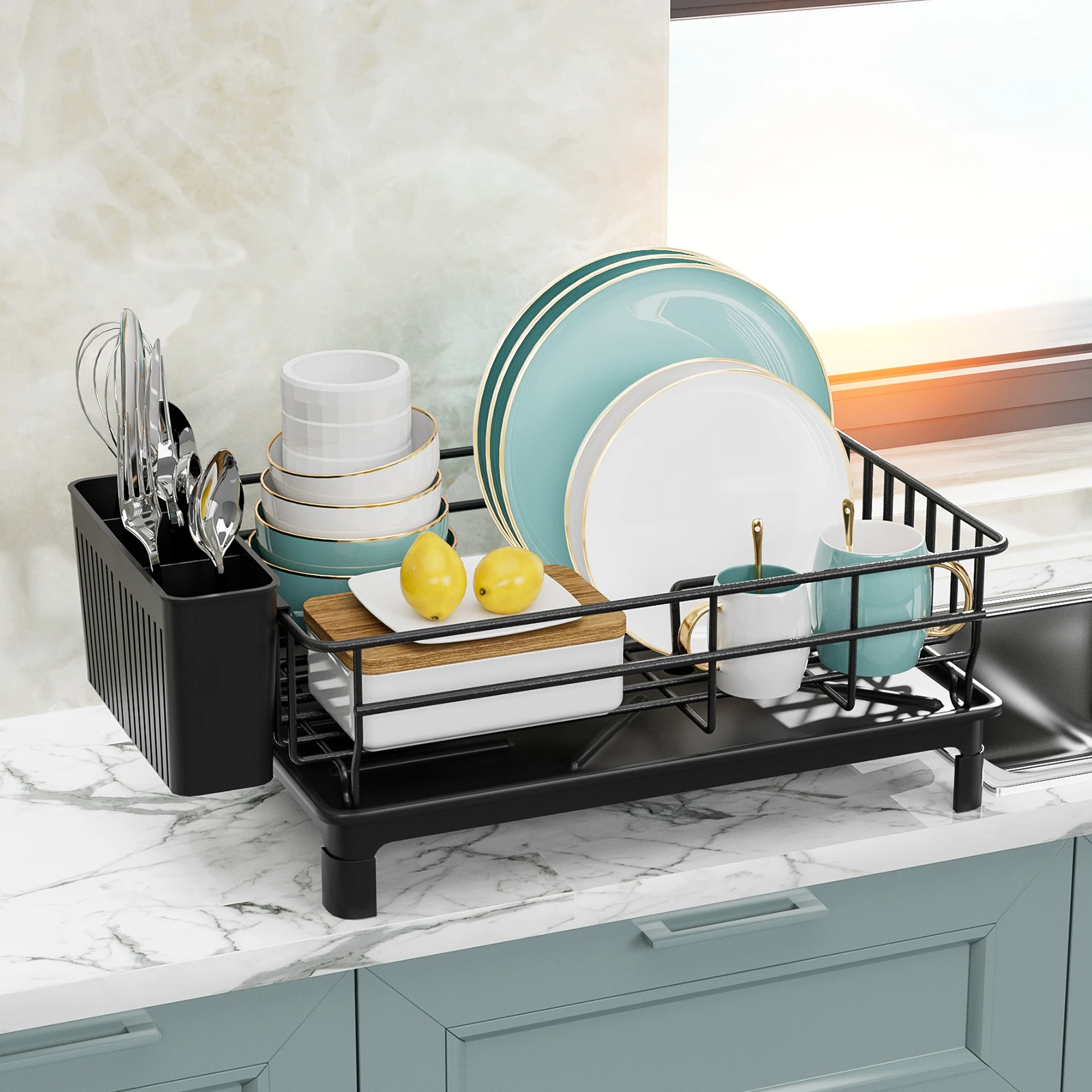 1pc Dish drying rack Kitchen countertop tableware storage with Automatic drying Black White