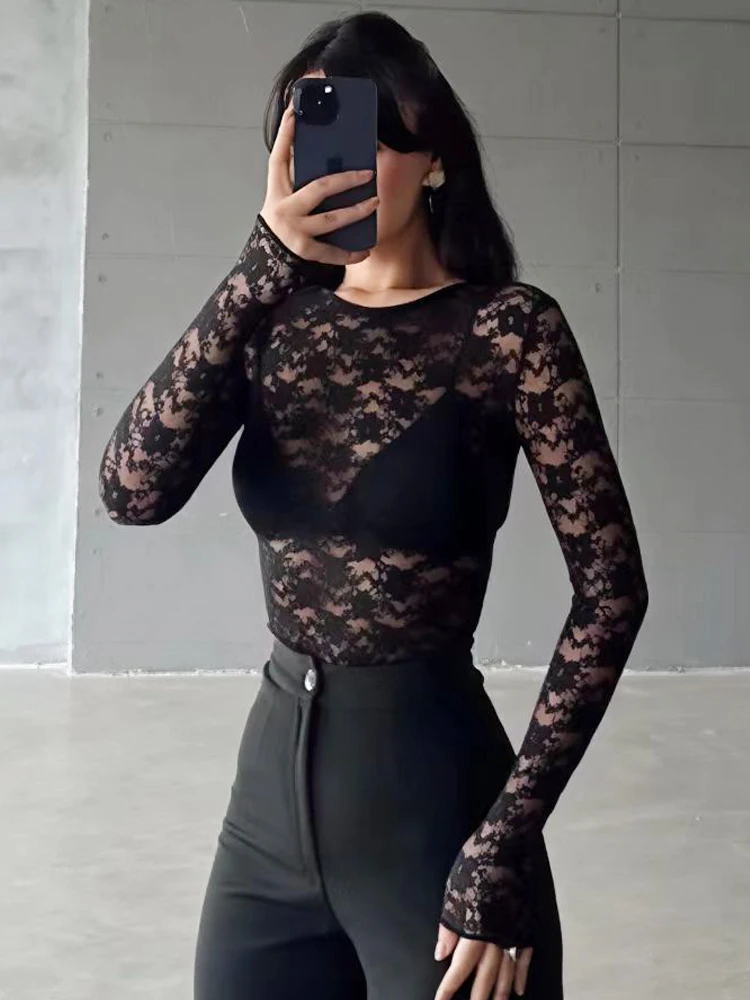 HXAO body femme dentelle body automne noir découpe col rond manches longues haute Spandex body Lingerie Sexy pour les femmes fines