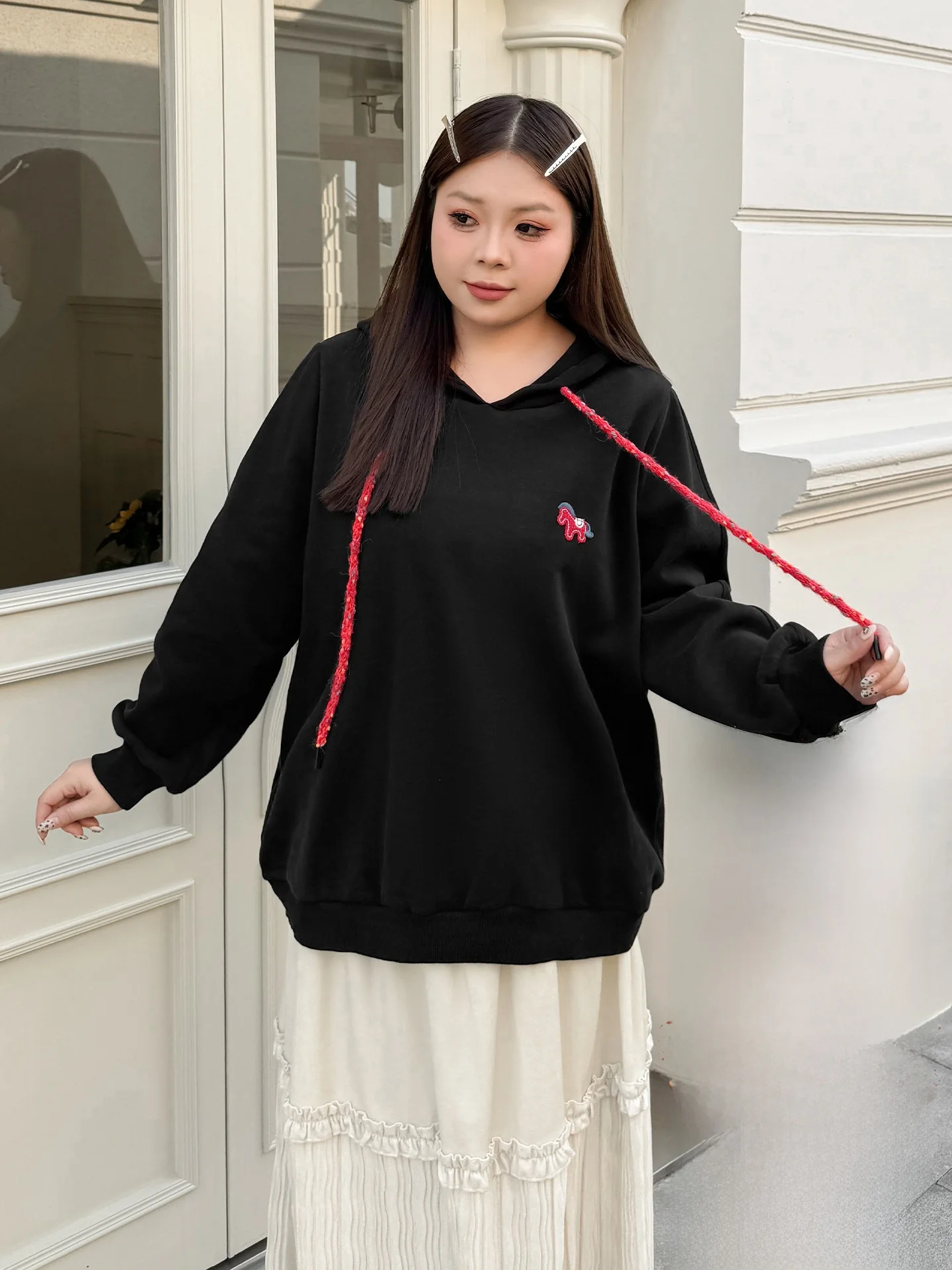 

plus Size Street Sle Hoodie Women's Fce Lined Dstring Red Embroidered Spring Faion Casual Comfortable Sweatirt
