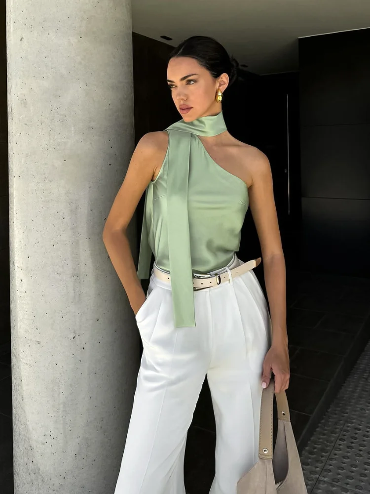

Mint Green Satin One Shoulder Blouse Women Elegant Tie Neck Sleeveless Crop Cami 2026 Ladies Party Office Streetwear Top