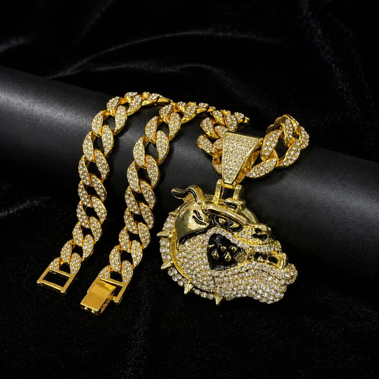 Iced Out CZ Bulldog Head Pendant Silver Cuban Chain Necklace Black Enamel Hip-Hop Bling Men Statement Neck Jewelry