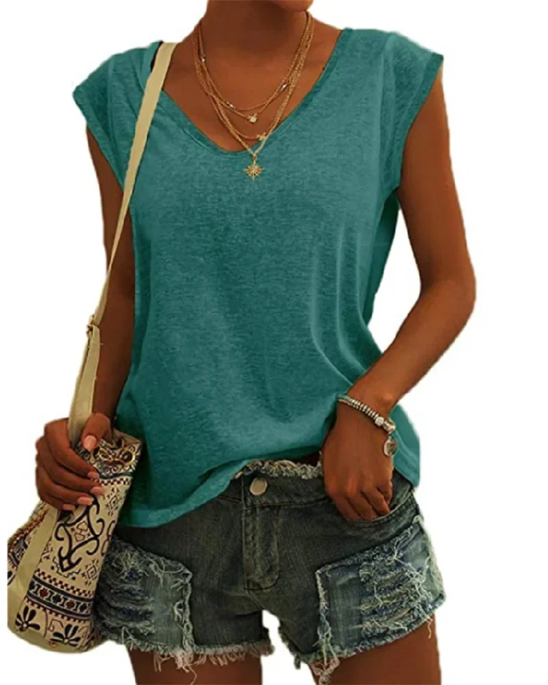 Women's Vintage Simple Loose Tops 2023 Summer Solid Color V-Neck Cap Sleeve T-Shirt Female Street Casual Commuter Pullover Tees