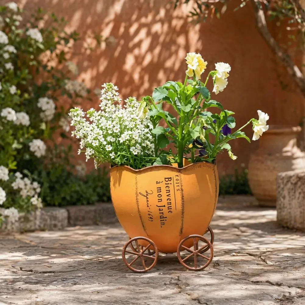 Decorative Flower Pot Durable Flower Pot Retro Pumpkin Cart Planter Decorative Metal Flowerpot with Drainage Hole for Home