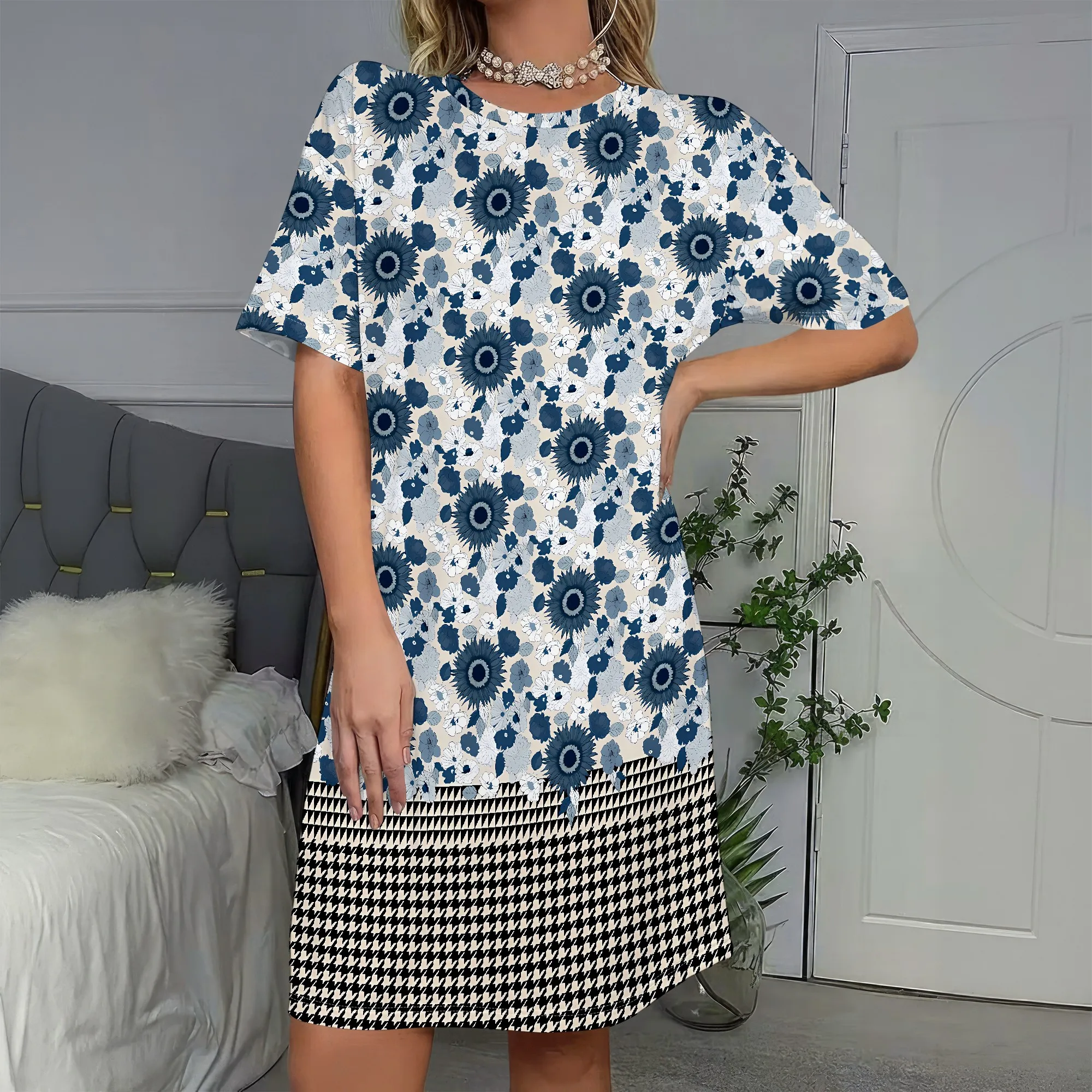 

Floral Houndstooth Dress, Blue Flower Print Tunic, Black Check Hem Mini Shift, Casual Summer Wear for Women, S-2XL