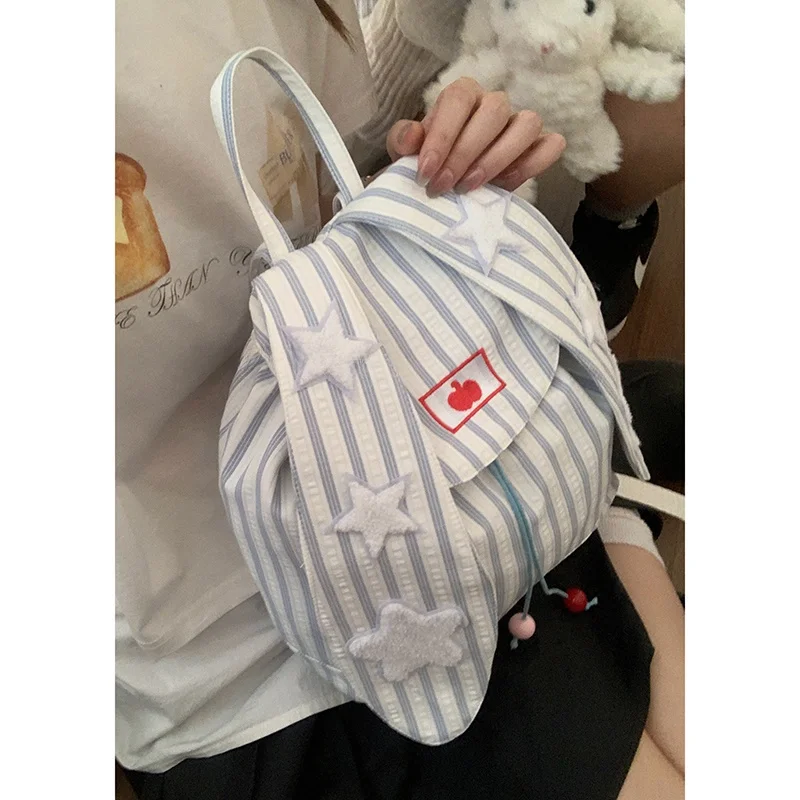 حقيبة ظهر قماشية بتصميم أذن أرنب لطيفة، حقيبة طالب مخططة، حقيبة كتف نسائية عصرية وأنيقة، نمط عملي بدون وسادة ظهر