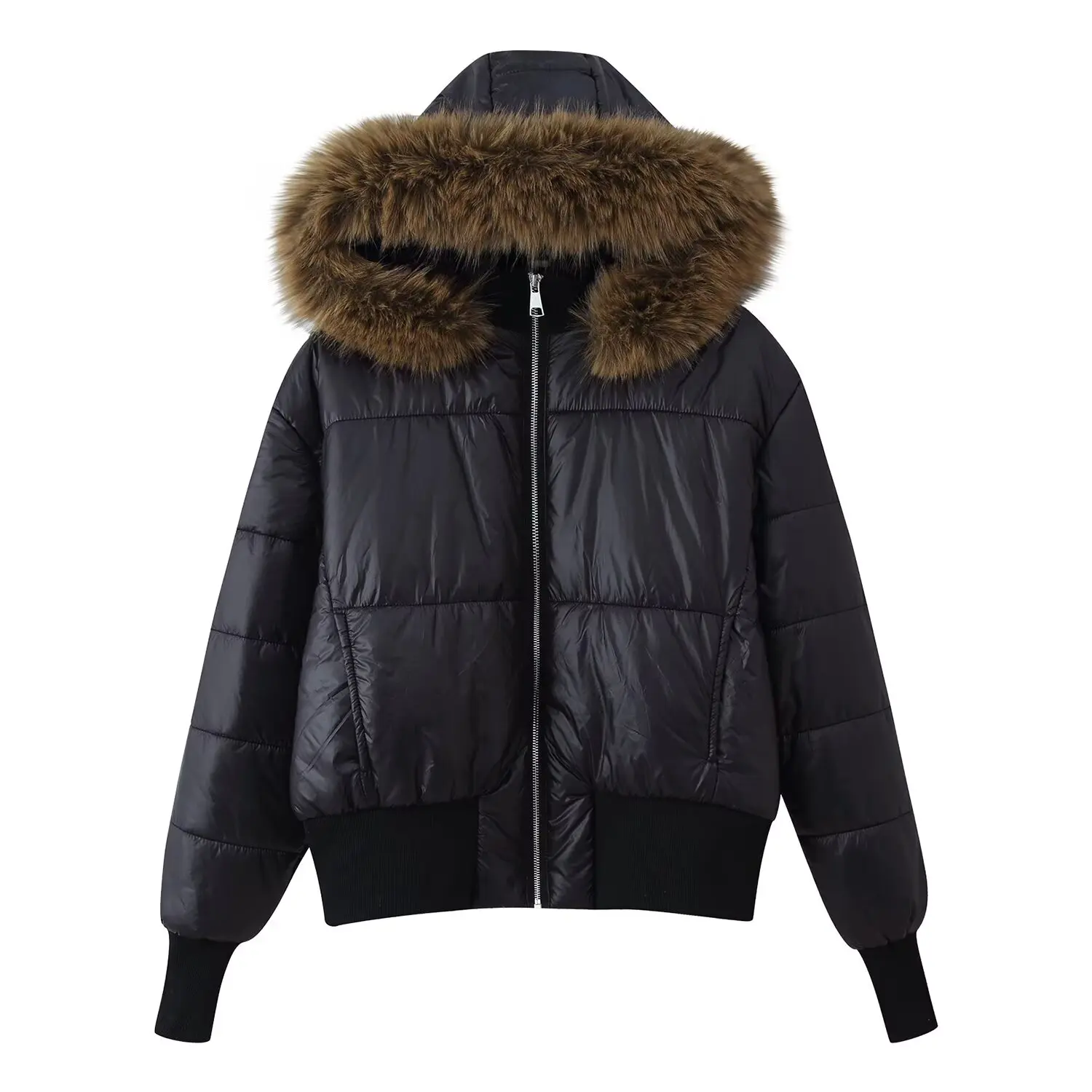 Women's Solid Color Warm Coat Winter Fashion Simple Versatile Fur Collar Hooded Cotton Jacket Zipper Pockets Loose Fit Outwear