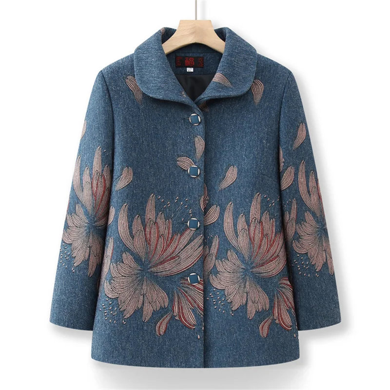 Winter Coats Woman 2024 New Retro Printing Jacket Female Lapel Long Sleeve Top Woolen Middle Aged Mother Cardigan Outerwears