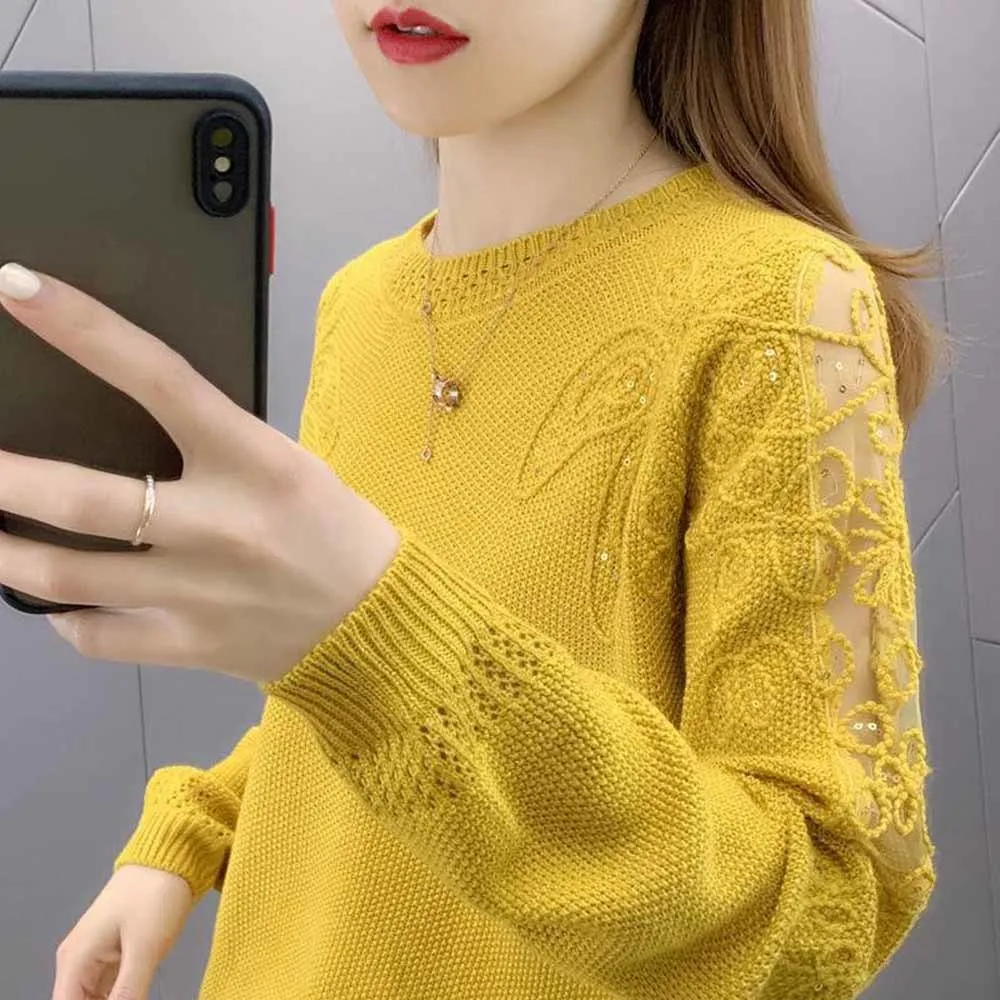 Sweater Women 2022 New Fashion Short Embroidered Pullover Lace Knitwear Thin Loose Openwork Trending Sweater Autumn and Winter