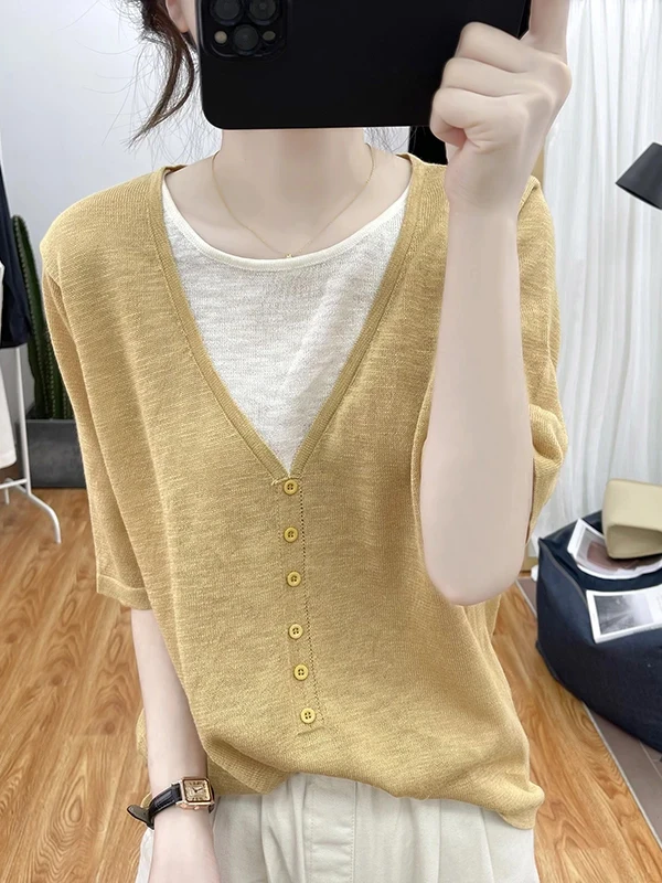 

Summer Design Ice Silk V-neck Fake Two-Piece Short Sleeve Knitted Women's Loose T-shirt Anti-aging Air Conditioning Shirt