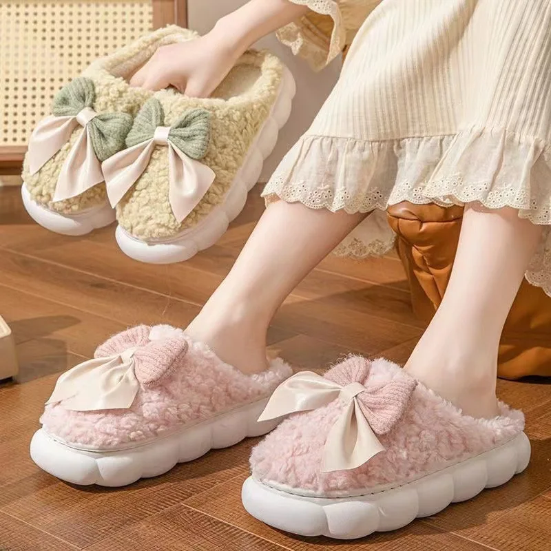 

Womens Cotton Slippers Winter Home Non Slip Thick Sole Soft Bow Fluffy Indoor House Shoes