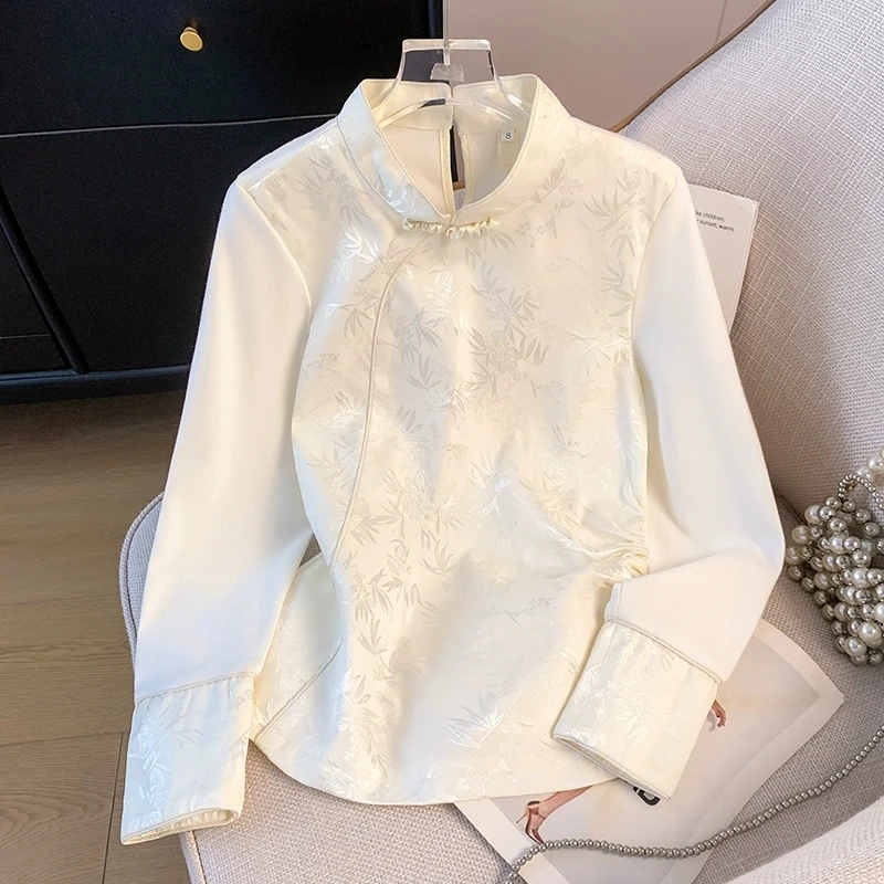 Women's Chinese Style Long Sleeve Jacquard Shirt Hanfu Stand Collar Frog Button Blouse Traditional National Fashion Top