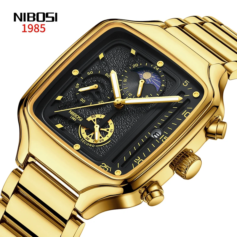 

NIBOSI 2024 Luxury Business Men Watches Gold Quartz Stainless Steel Sport Square Clock Waterproof 24 Hours Date Relogio Masculin