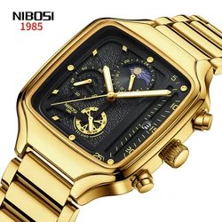 NIBOSI 2024 Luxury Business Men Watches Gold Quartz Stainless Steel Sport Square Clock Waterproof 24 Hours Date Relogio Masculin