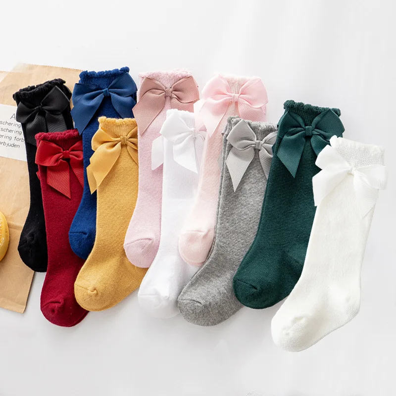 Newborn Baby Socks Toddlers Girls Big Bow Knee High Long Soft 100% Cotton Lace Tube Kids Sock Children Socks For 0-5 Years Old