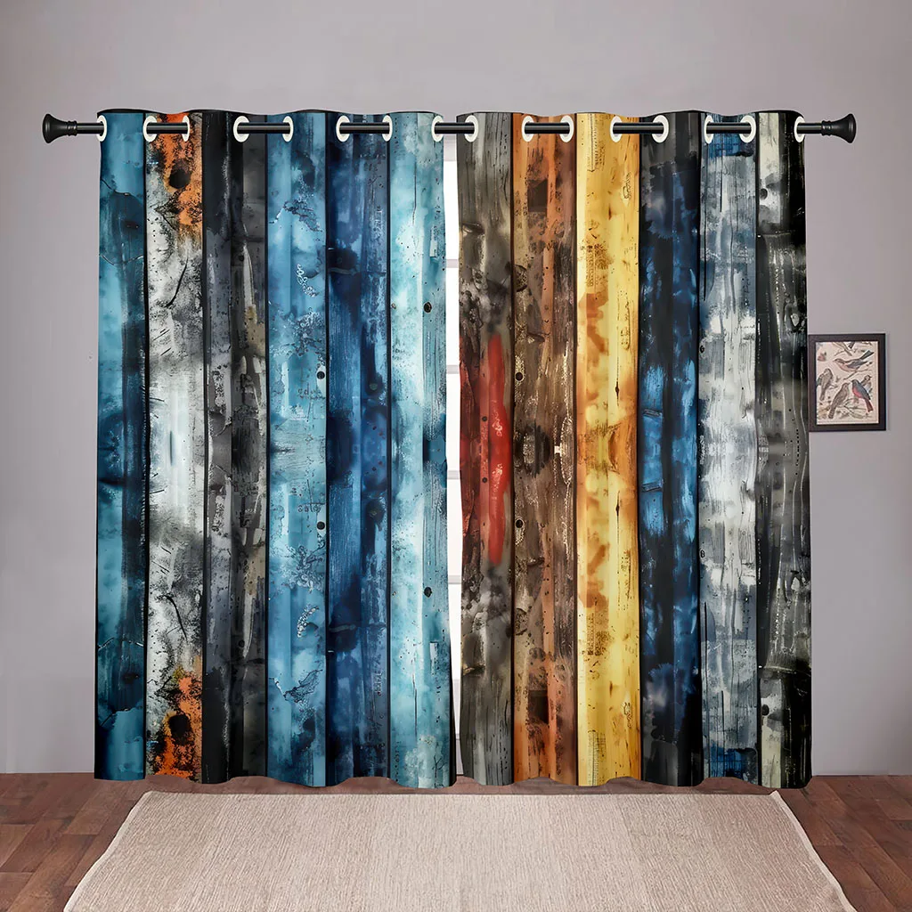 2 Piece Vintage Wood Grain Curtains Blue Gold Colorful Wood Plank Living Room Bedroom Farm Window Decorative Curtains