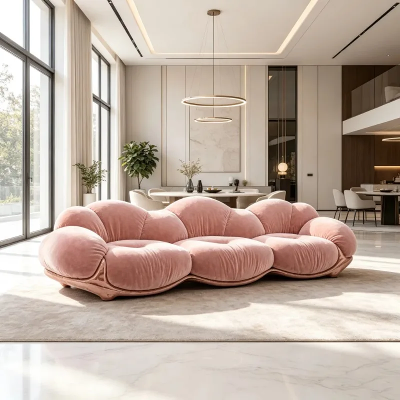 Rose gold curved base cloud bubble combination sofa, gray-pink velvet upholstered, multi-seater sofa bed, fiberglass frame