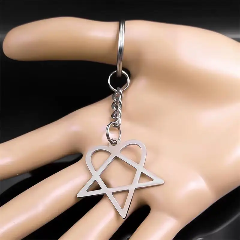 Rock Music Him Heartagram Star Heart Key Ring Stainless Steel Silver Color Men Women Bag Charm Keychain Party Gift Jewelry