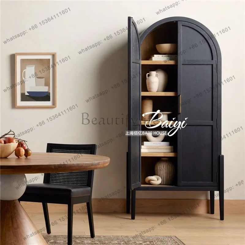 American rural retro bookcase, living room partition, French black premium dining side cabinet