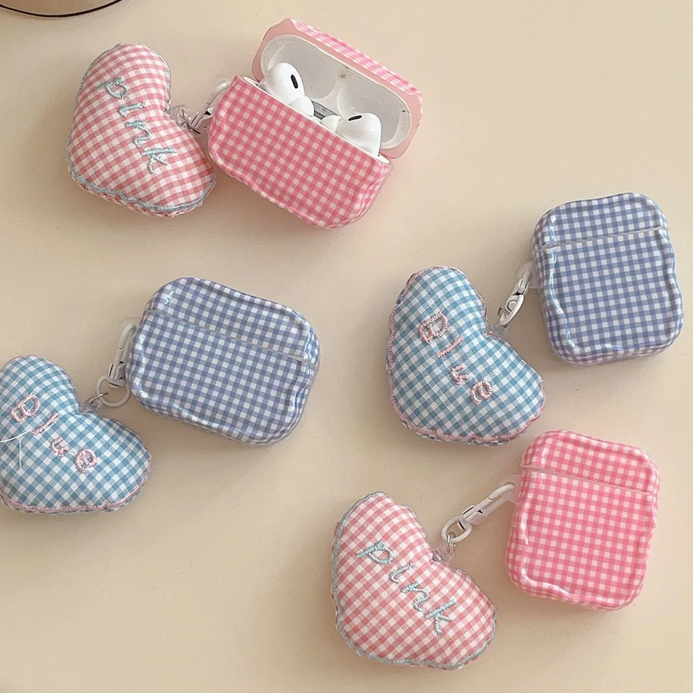 Custodia per cuffie con ciondolo a forma di cuore d'amore per Airpods Pro Semplice modello a reticolo rosa blu Accessori per auricolari Fonda per AirPods 1 2 3