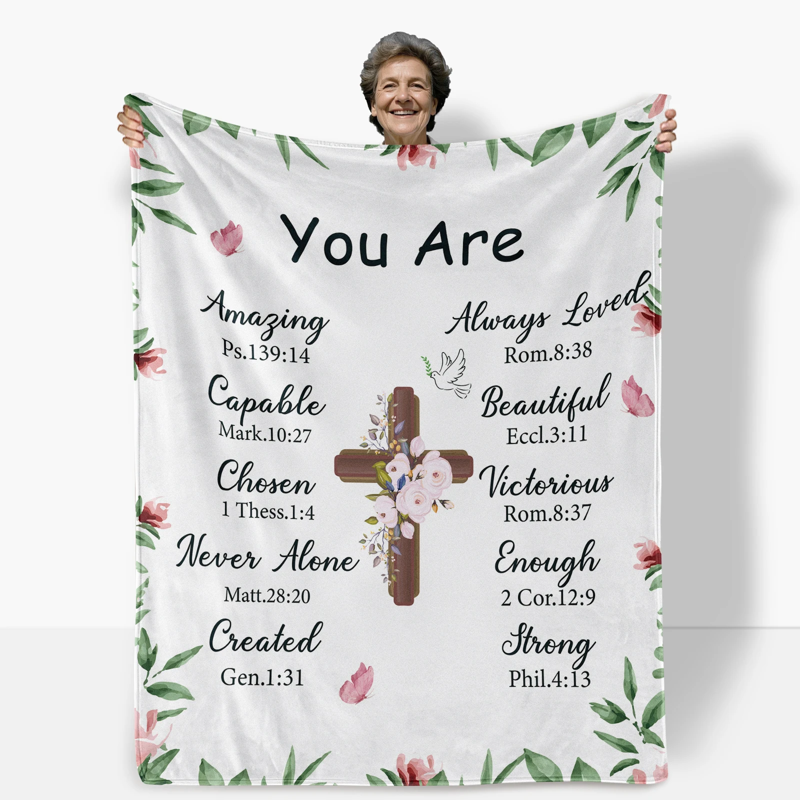 

Flannel blanket with floral butterfly design and religious quotes to foster spiritual bonds between friends