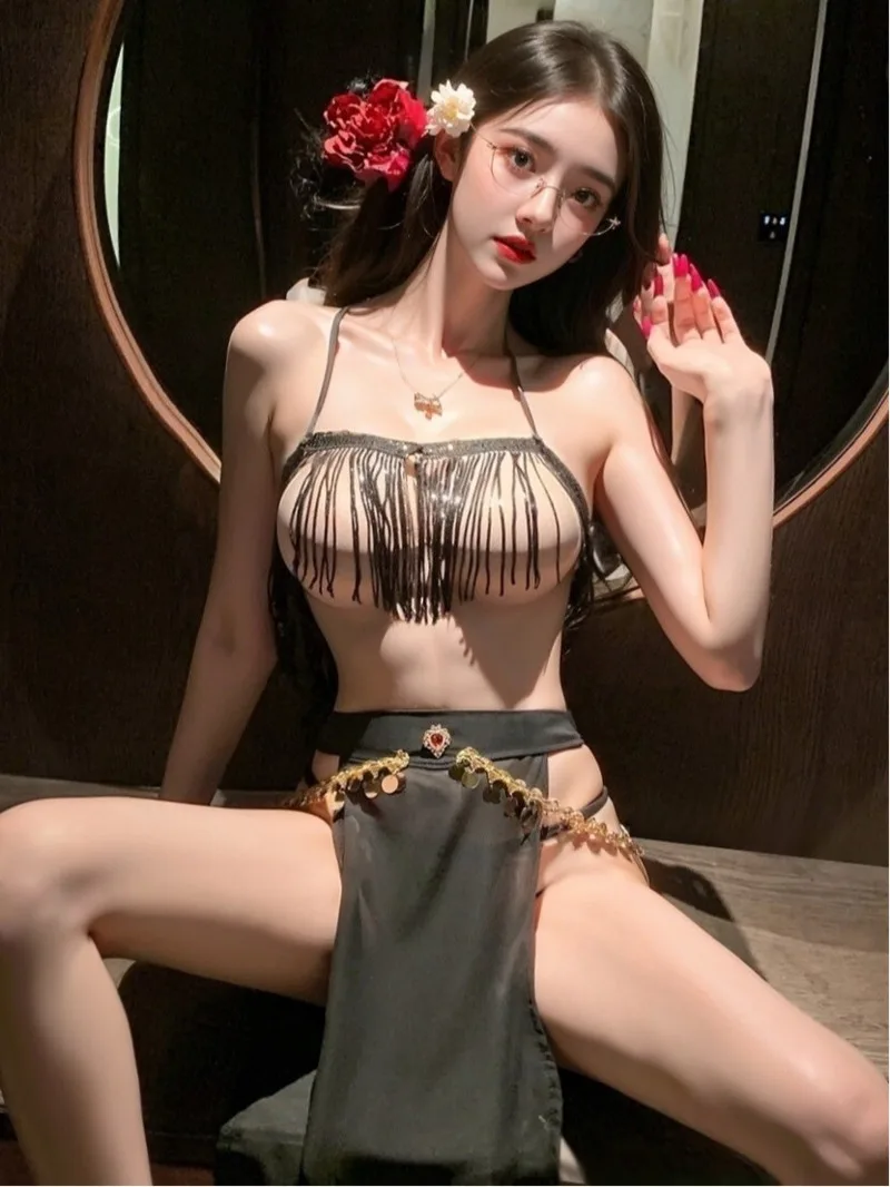 

Китайский ретро-стиль, майка с кисточками, горячая сексуальная женская сексуальная униформа для ночного клуба, костюм светской львицы, экзотическая танцовщица, комплект из двух предметов с юбкой Z0F3