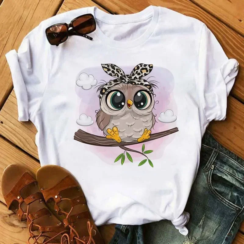 Plus Size Maycaur Cartoon Owl Print T Shirt Women Kawaii Graphic Shirts Casual Short Sleeved Female Tee O-neck Harajuku T-shirts