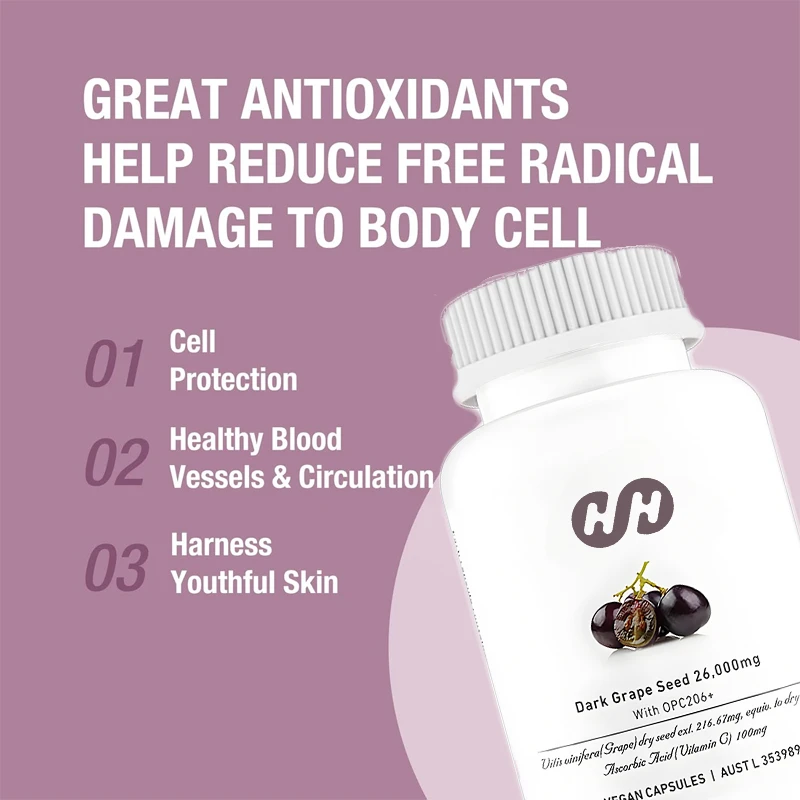 

Антиоксидантная добавка из черных виноградных косточек 216,67 мг для ухода за кожей и поддержания здоровья, 60 капсул