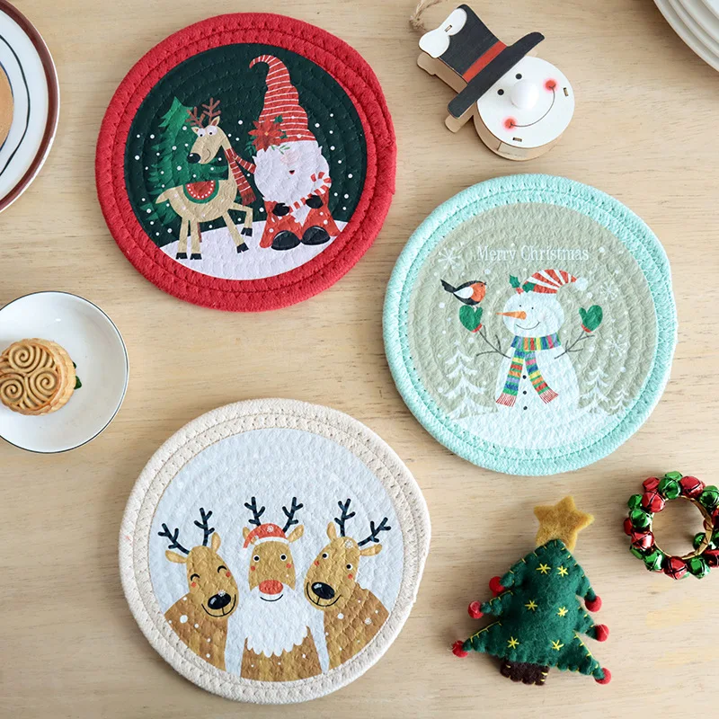 

Christmas Cotton Rope Round Coasters Heat Insulation Non-Slip Durable Printed Coaster Home and Decoration Kitchen Utensils