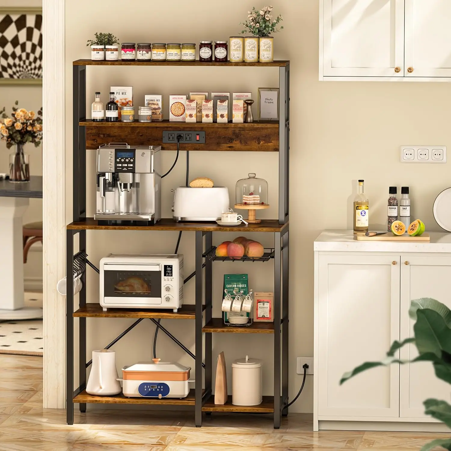 Bakers Rack with Power Outlet, 35.4 Inches Coffee Bar with Wire Basket, Kitchen Microwave Stand with 6 S-Shaped Hooks,