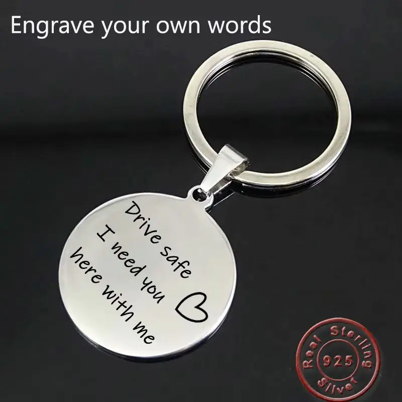Amxiu Personalized Keychain 925 Sterling Silver Keychains Custom Any Words Round Pendant Key Chains