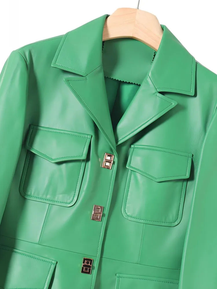 Büro-Damen-Kurzjacke aus echtem Leder, Anzugkragen, Knopftasche, modisch, hochwertig, grün, lange Ärmel, Schaffell-Oberbekleidung