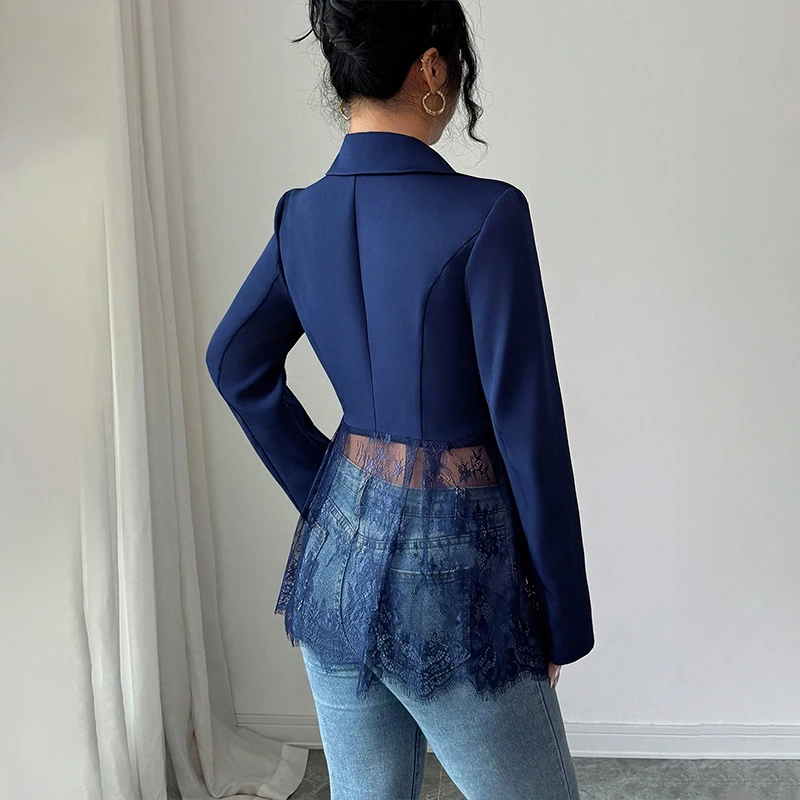 Blazer Elegante con Parches de Encaje para Mujer, Cuello de Solapa, Manga Larga, Un Botón, Estilo Transparente, Sexy y Versátil