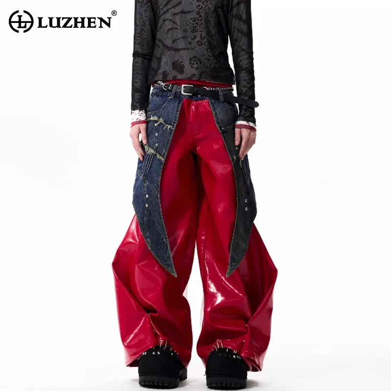 

LUZHEN 2025 New Personalized Cowboy Patchwork Pockets Design High Street Leather Pants Men's Fashion Wide Leg Trousers JY4348
