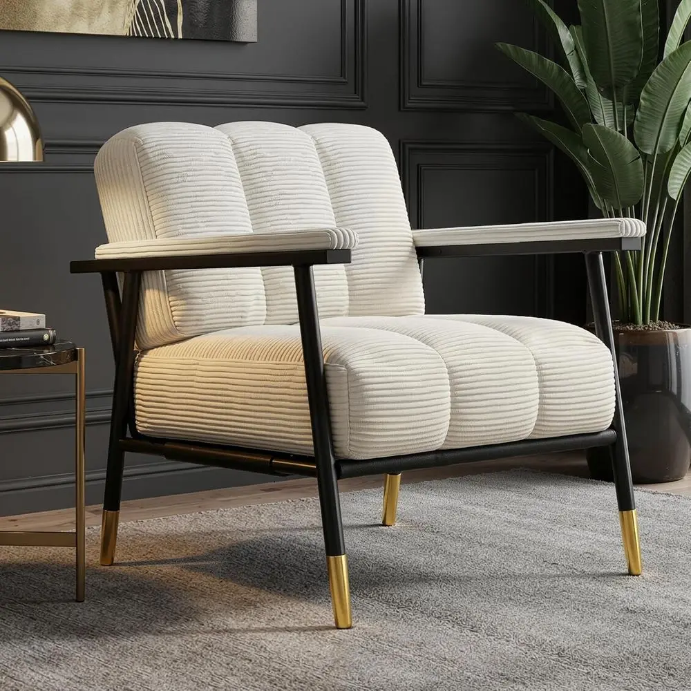 

Mid Century Modern Corduroy Accent Chair Metal Frame Beige Armchair for Living Room Bedroom Office Reading Guest Room