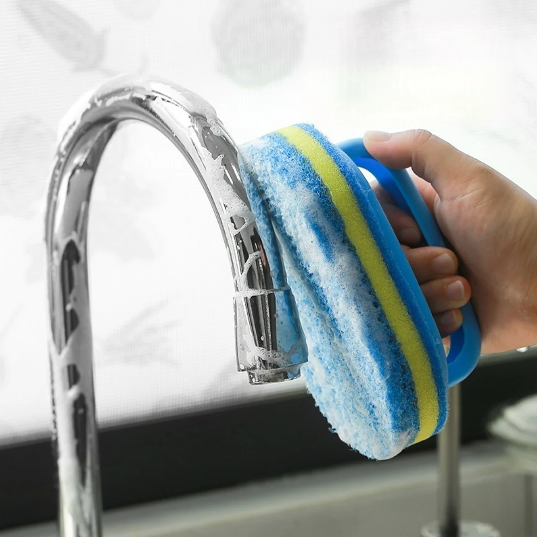 1pc-Cleaning Sponge Brush with Handle - Non-Scratch Heavy Duty Scrubber for Kitchen Stove, Cookware, Bathtub & Wall Cleaning