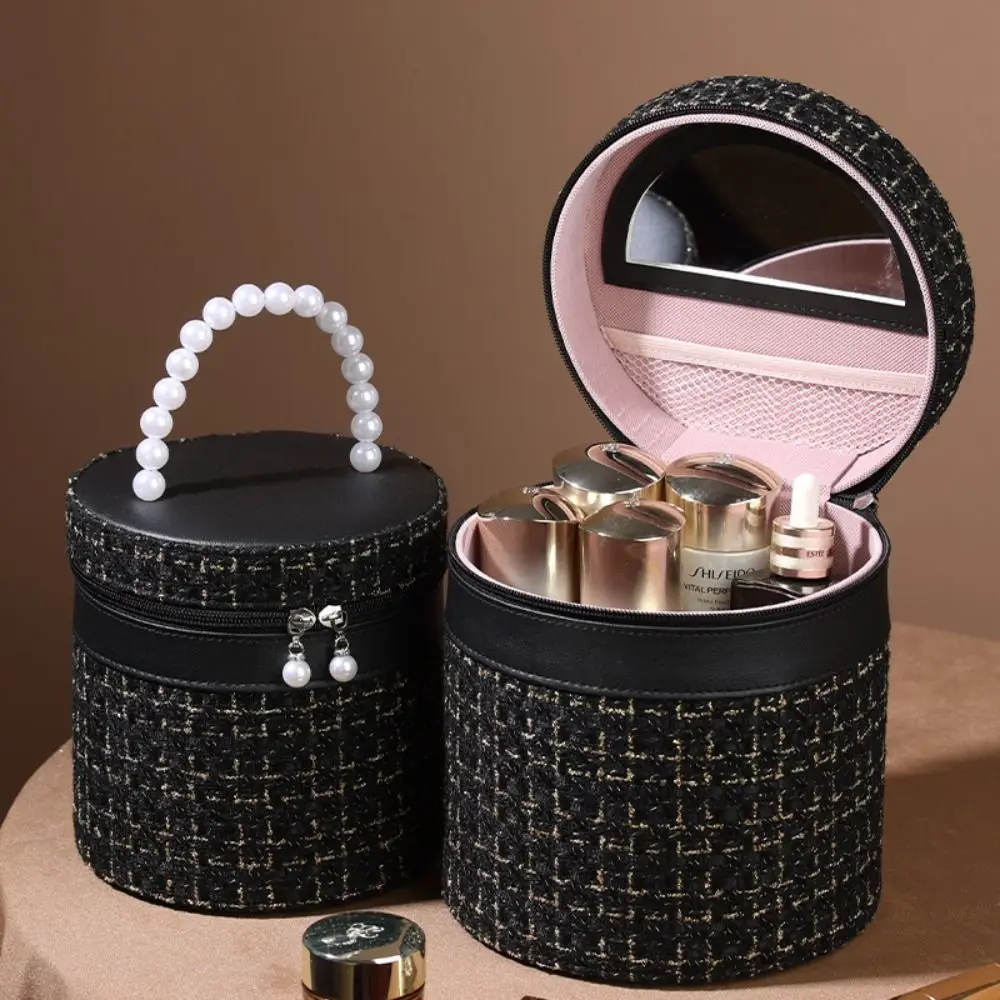 New Practical Large Capacity Makeup Bag with Mirror Nylon Round Bucket Travel Toiletry Bags Portable Cosmetic Storage Pouch