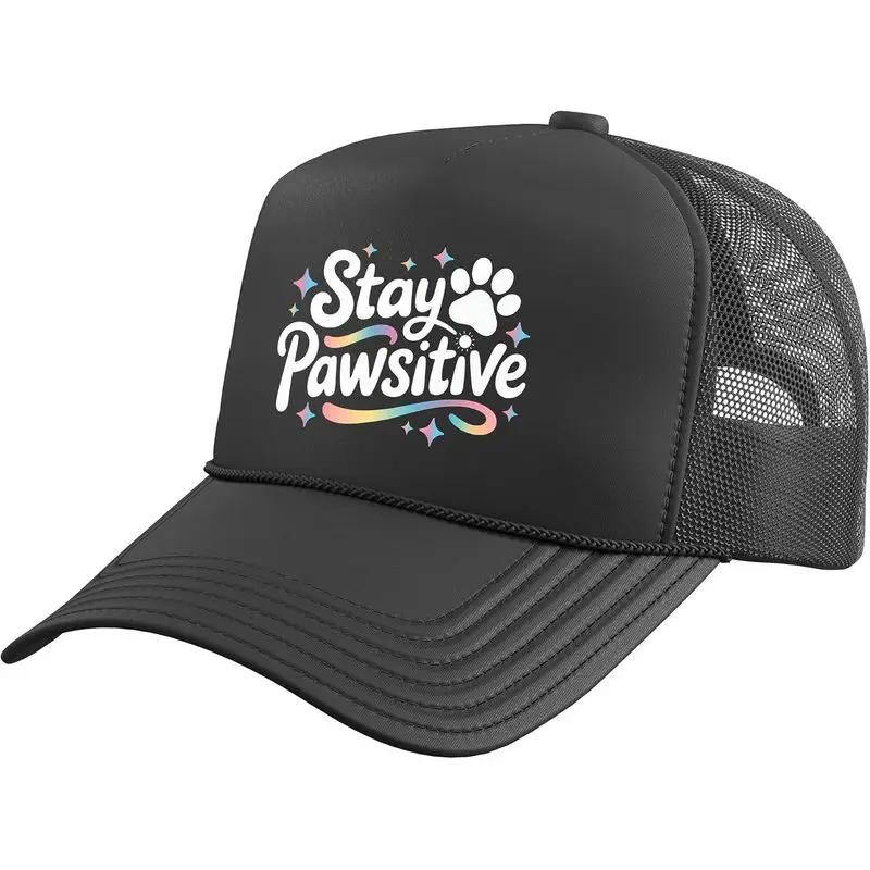 Stay Pawsitive Cute Dog Cat Animal Lover Positive Message Trucker Hat with Adjustable Mesh Back